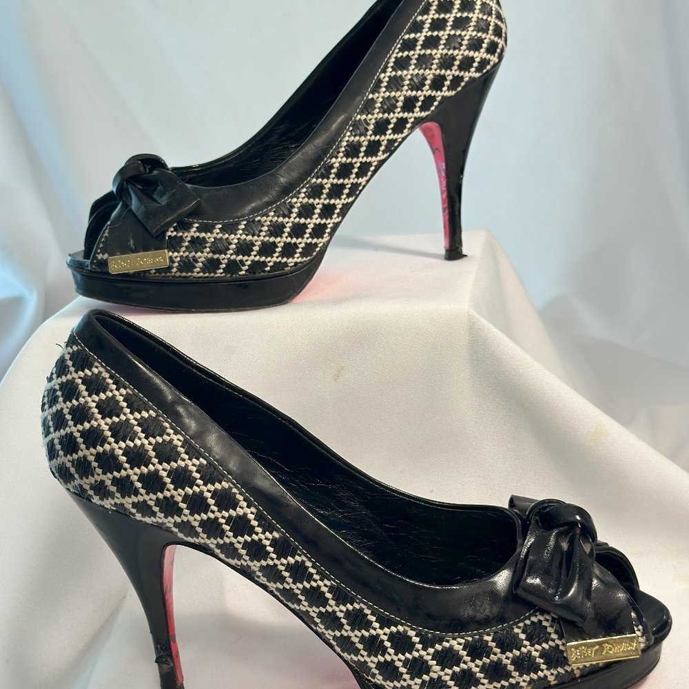 Betsey Johnson Black & White Peep Toe Bow Heels